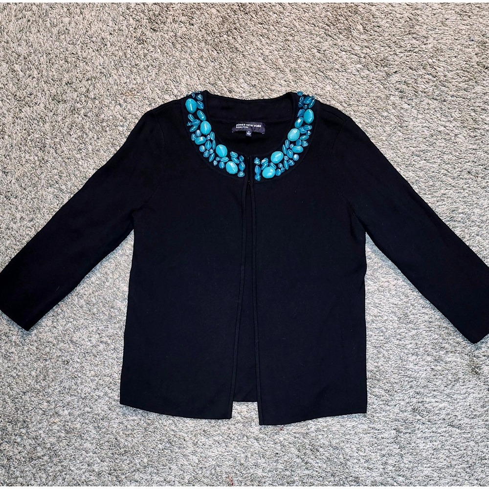 JONES NY SIGNATURE Black‎ Jewel Embellished Open Front Cardigan Sweater Womens S